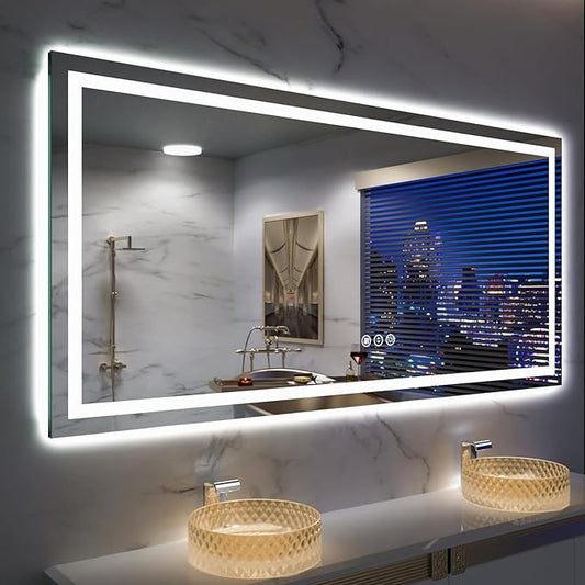 72"x40" Rectangular Shaped Frameless Luxora Black LED Bathroom Mirror with Front & Backlit, Dual LED Strips, Anti-Fog, Dimmable, 3 Colors Options, UL Listed (Horizontal/Vertical)