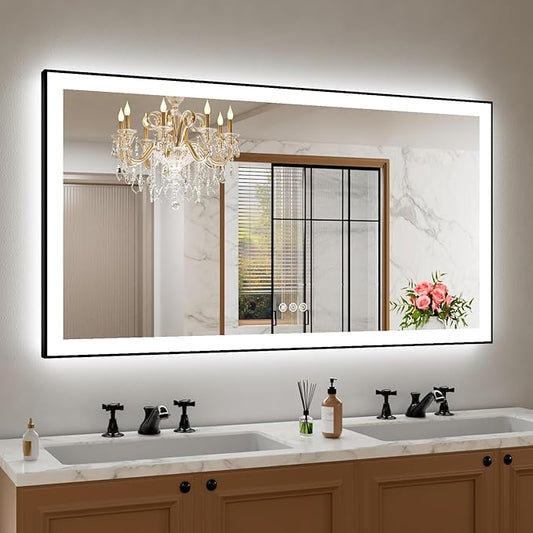 55"x30" Rectangular Shaped Luxora Black Aluminum Framed LED Bathroom Mirror with Front and Backlit, Dual LED Strips, Anti-Fog, Dimmable, 3 Colors Options, UL Listed (Horizontal/Vertical)