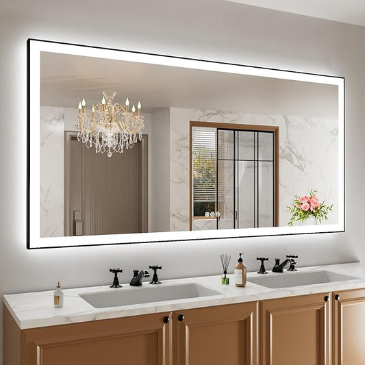 72"x32" Rectangular Shaped Luxora Black Aluminum Framed LED Bathroom Mirror with Front and Backlit, Dual LED Strips, Anti-Fog, Dimmable, 3 Colors Options, UL Listed (Horizontal/Vertical)