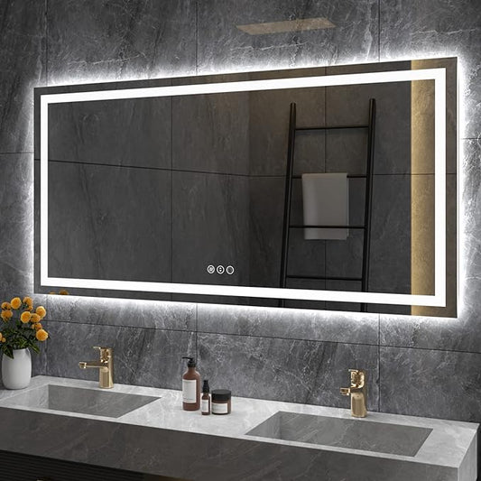 60"x32" Rectangular Shaped Frameless Luxora Black LED Bathroom Mirror with Front & Backlit, Dual LED Strips, Anti-Fog, Dimmable, 3 Colors Options, UL Listed (Horizontal/Vertical)