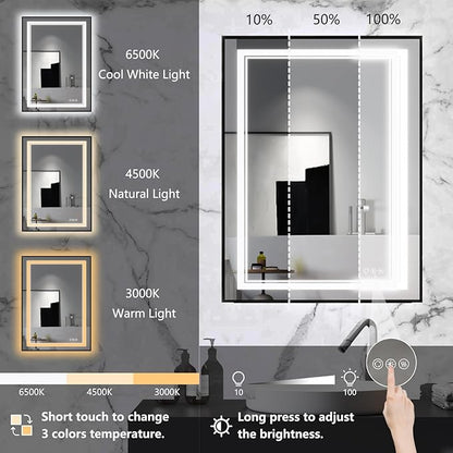 24"x32" Rectangular Shaped Black Aluminum Framed LED Bathroom Mirror with Front & Backlit, Dual LED Strips, Anti-Fog, Dimmable, 3 Colors Options, UL Listed (Horizontal/Vertical)