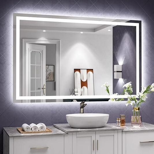 50"x32" Rectangular Shaped Frameless Luxora Black LED Bathroom Mirror with Front & Backlit, Dual LED Strips, Anti-Fog, Dimmable, 3 Colors Options, UL Listed (Horizontal/Vertical)