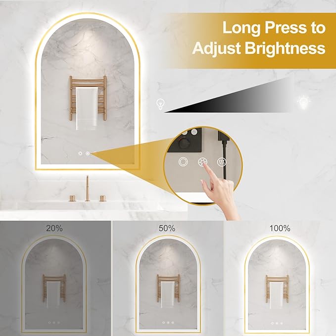 20"x30" Arched Shaped Gold Aluminum Framed LED Bathroom Mirror with Front & Backlight, Anti-Fog, Dimmable, UL Listed