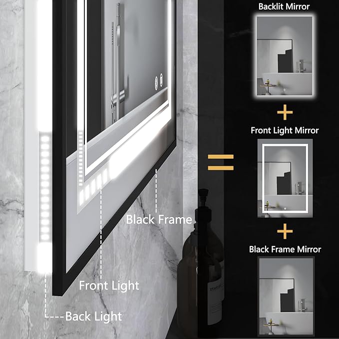 20"x28" Rectangular Shaped Black Aluminum Framed LED Bathroom Mirror with Front & Backlit, Dual LED Strips, Anti-Fog, Dimmable, 3 Colors Options, UL Listed (Horizontal/Vertical)