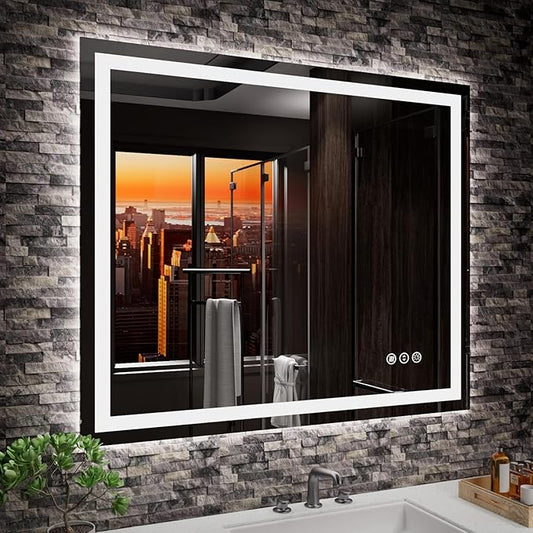 36"x30" Rectangular Shaped Frameless Luxora Black LED Bathroom Mirror with Front & Backlit, Dual LED Strips, Anti-Fog, Dimmable, 3 Colors Options, UL Listed (Horizontal/Vertical)