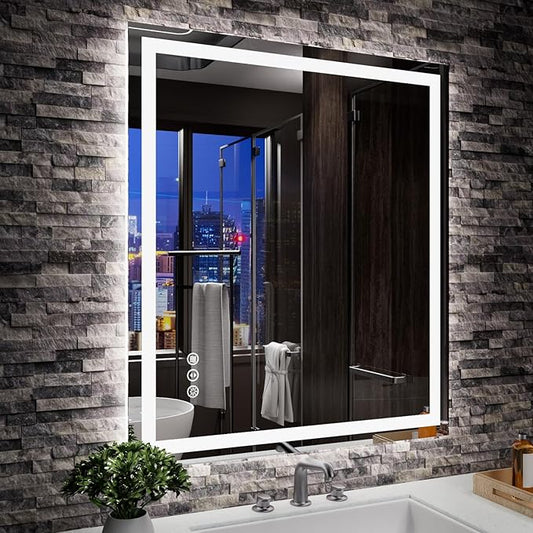 28"x32" Rectangular Shaped Frameless Luxora Black LED Bathroom Mirror with Front & Backlit, Dual LED Strips, Anti-Fog, Dimmable, 3 Colors Options, UL Listed (Horizontal/Vertical)