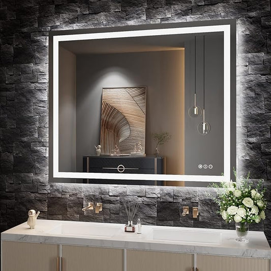 44"x36" Rectangular Shaped Frameless Luxora Black LED Bathroom Mirror with Front & Backlit, Dual LED Strips, Anti-Fog, Dimmable, 3 Colors Options, UL Listed (Horizontal/Vertical)