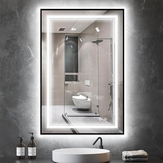 24"x36" Rectangular Shaped Black Aluminum Framed LED Bathroom Mirror with Front & Backlit, Dual LED Strips, Anti-Fog, Dimmable, 3 Color Options, UL Listed (Horizontal/Vertical)