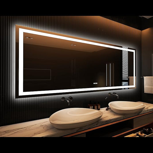 84"x32" Rectangular Shaped Frameless Luxora Black LED Bathroom Mirror with Front & Backlit, Dual LED Strips, Anti-Fog, Dimmable, 3 Colors Options, UL Listed (Horizontal/Vertical)