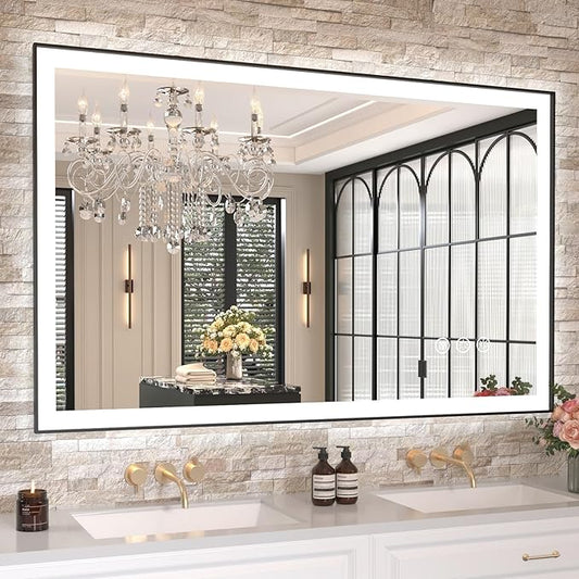 48"x30" Rectangular Shaped Luxora Black Aluminum Framed LED Bathroom Mirror with Front and Backlit, Dual LED Strips, Anti-Fog, Dimmable, 3 Colors Options, UL Listed (Horizontal/Vertical)