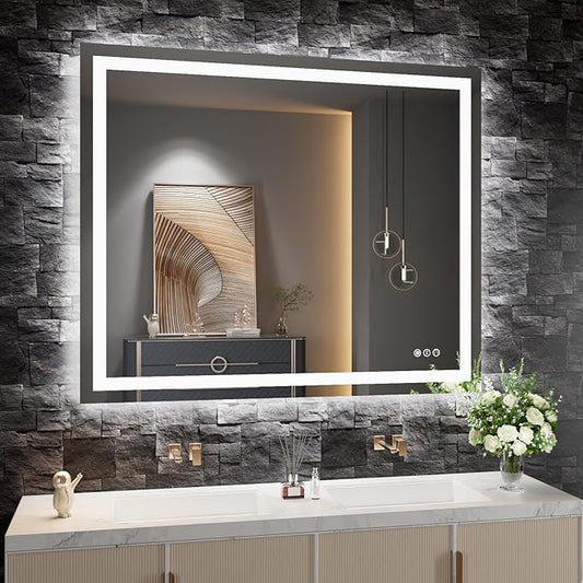 48"x38" Rectangular Shaped Frameless Luxora Black LED Bathroom Mirror with Front & Backlit, Dual LED Strips, Anti-Fog, Dimmable, 3 Colors Options, UL Listed (Horizontal/Vertical)