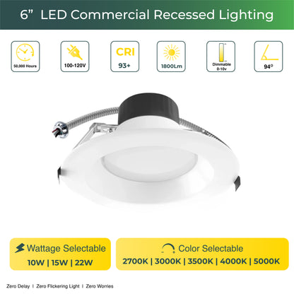 Commercial Recessed LED Lighting, 6 Inch, 22W-15W-10W, Selectable Wattage & CCT, 1800 Lumens