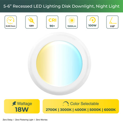 Recessed LED Lighting, 5-6 Inch, Disk Downlight, 18W, Selectable CCT, 1050 Lumens