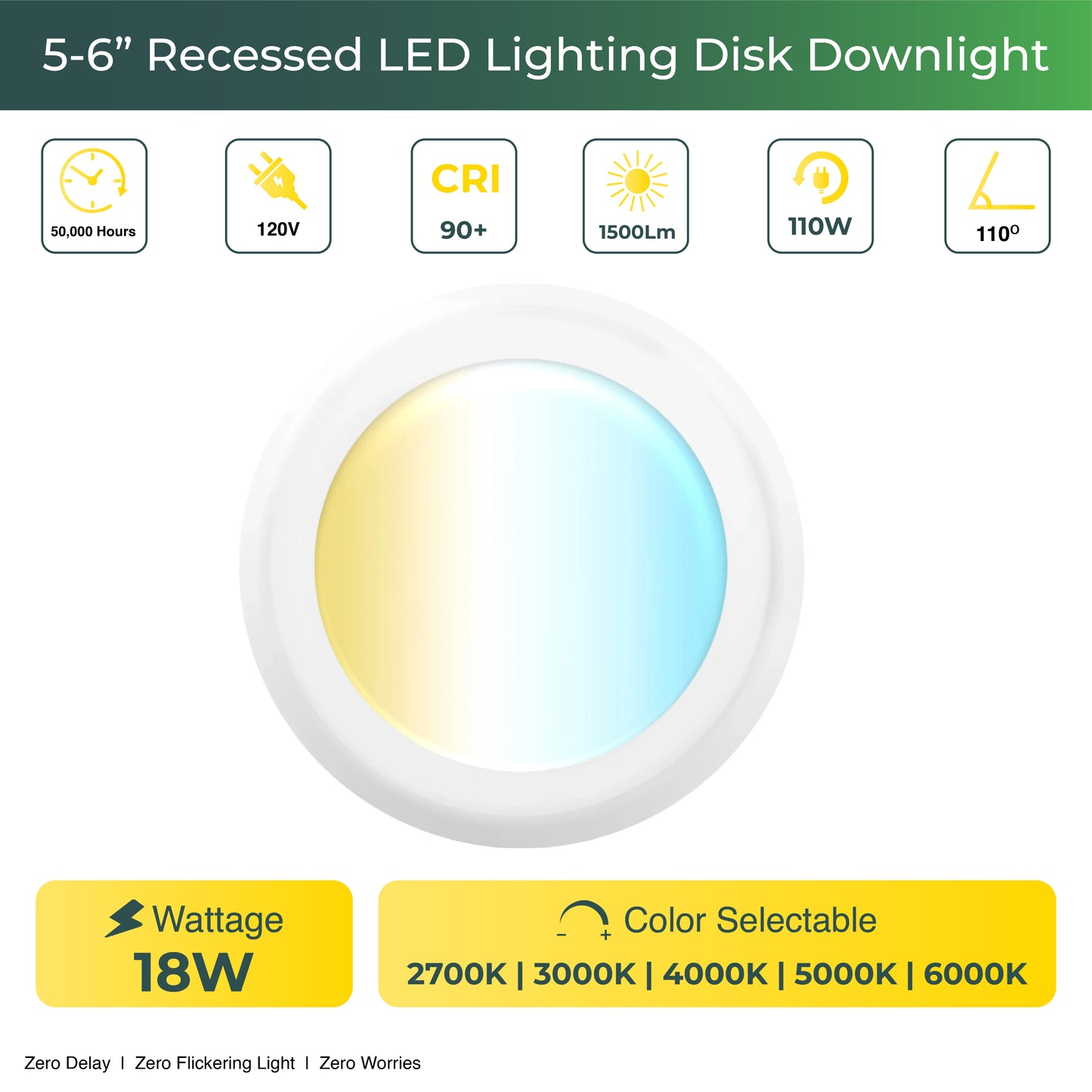 Recessed LED Lighting, 5-6 Inch, Disk Downlight, 15W, Selectable CCT, 1050 Lumens