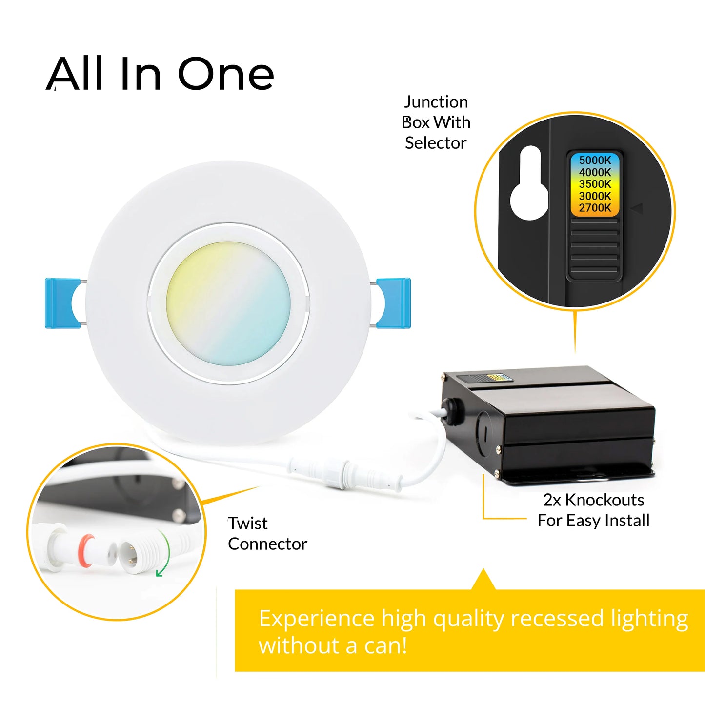 Recessed LED Lighting, 3 Inch, Slim Gimbal, Selectable CCT, 500 Lumens