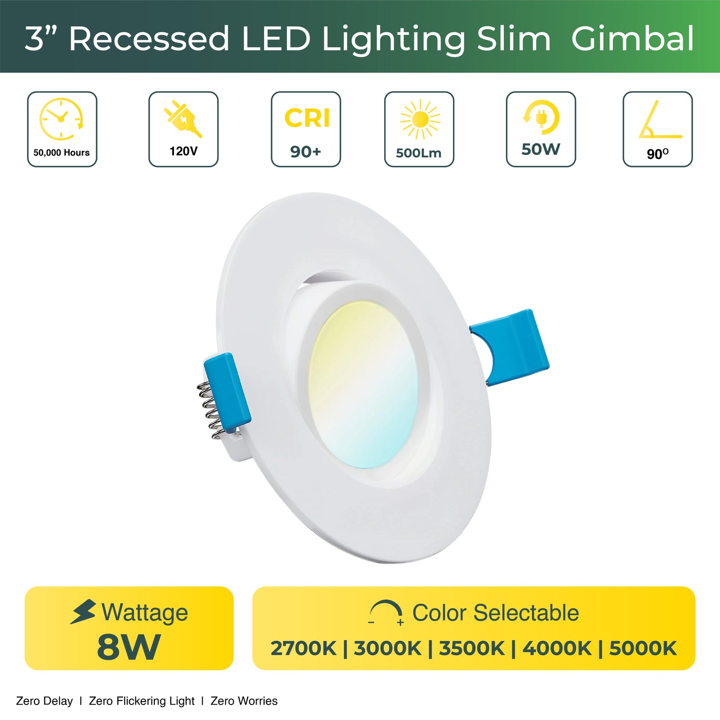 Recessed LED Lighting, 3 Inch, Slim Gimbal, Selectable CCT, 500 Lumens