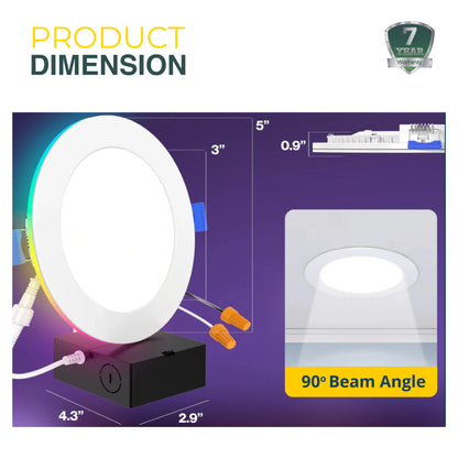 Recessed LED Lighting, 4 Inch, Smart Night Light Slim, Wafer Thin, Smooth Trim, Selectable CCT, 800 Lumens