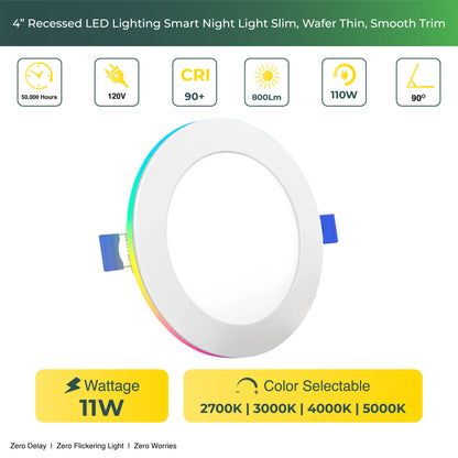 Recessed LED Lighting, 4 Inch, Smart Night Light Slim, Wafer Thin, Smooth Trim, Selectable CCT, 800 Lumens