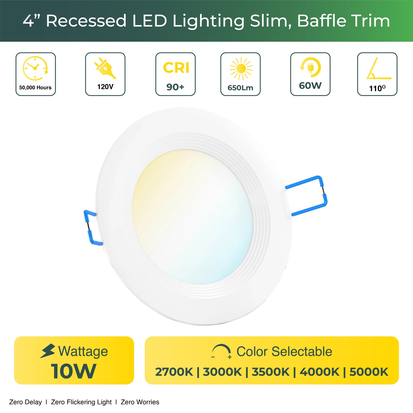 Recessed LED Lighting, 4 Inch, Slim, Baffle Trim, Selectable CCT