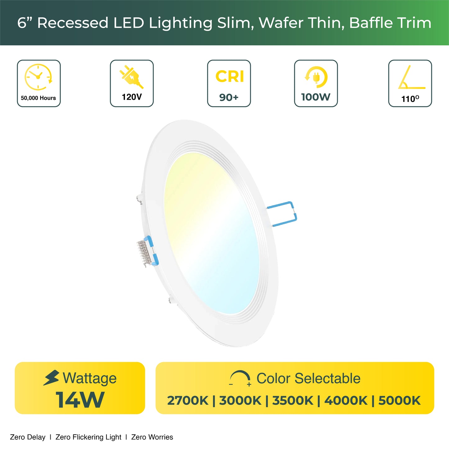 Recessed LED Lighting, 6 Inch, Selectable CCT, Slim, Wafer Thin, Baffle Trim, 850 Lumens