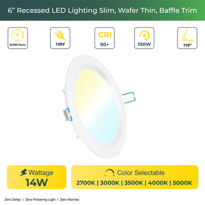 Recessed LED Lighting, 6 Inch, Selectable CCT, Slim, Wafer Thin, Baffle Trim, 850 Lumens