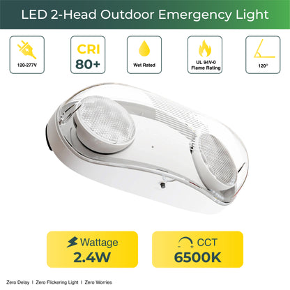 LED 2-Head Outdoor Emergency Light, 2.4W, 6500K CCT, 400 Lumens