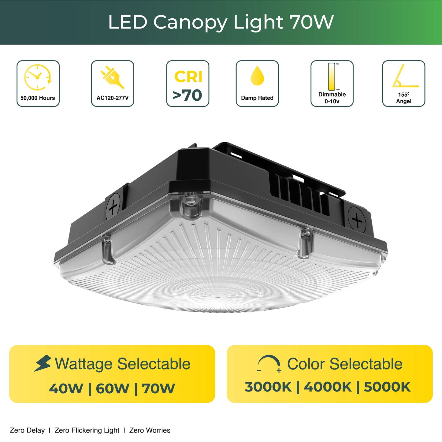 LED Canopy Light, 40W/60W/70W Selectable, 3CCT, UL & DLC Listed