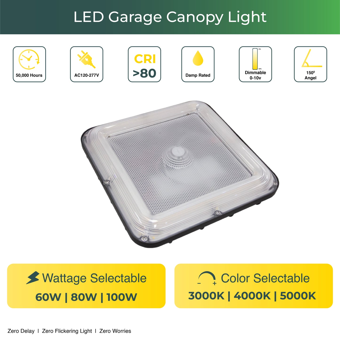 LED Garage Canopy Light, 60W, 80W, 100W , CCT- 3000K, 4000K, 5000K, UL & DLC Listed