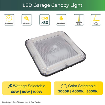 LED Garage Canopy Light, 60W, 80W, 100W , CCT- 3000K, 4000K, 5000K, UL & DLC Listed