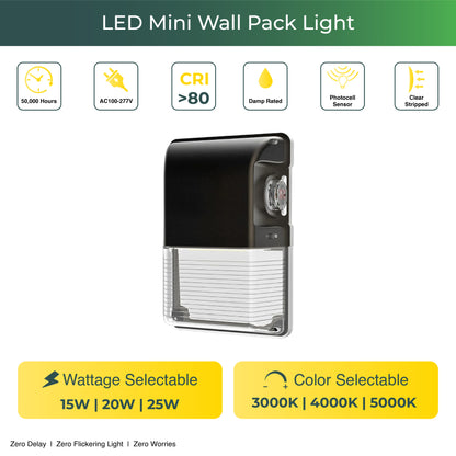 LED 3-in-1 Wattage Mini Wallpack | 15W, 20W, 25W | 3-in-1 CCT | Photocell Sensor | 5-Year Warranty