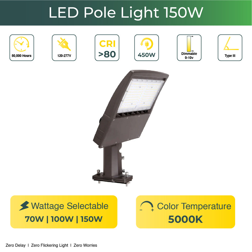 LED Pole Light with Photocell Sensor & Wattage Adjustable – 70W/100W/150W, 22000 Lumens, 5000K, IP65 Waterproof, Universal Mount for Street & Parking Lot