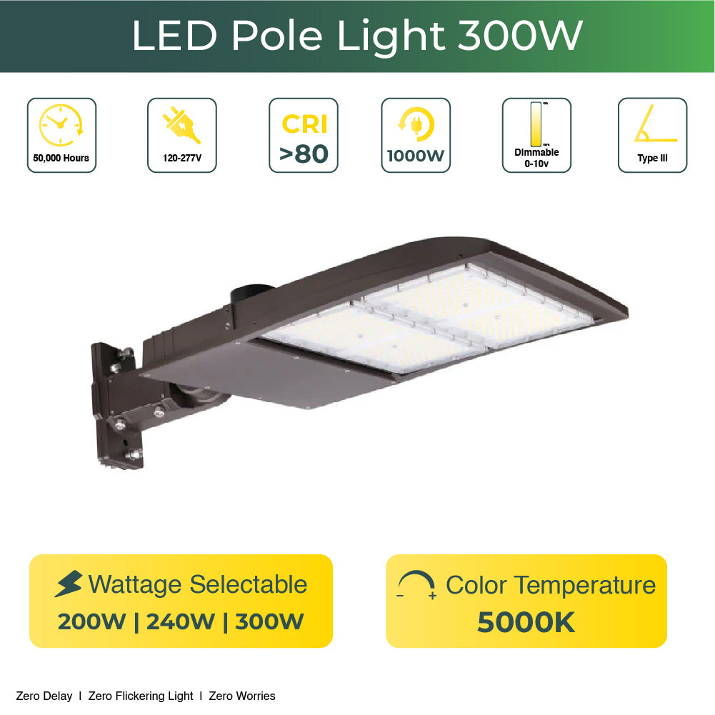 LED Pole Light with Photocell Sensor & Wattage Adjustable – 200W/240W/300W, 43360 Lumens, 5000K, IP65 Waterproof, Universal Mount for Street & Parking Lot