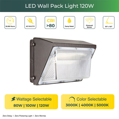 LED Wall Pack Light with  80W/100W/120W Tunable  3500K/4000K/5000K 15600LM, Forward Throw, Waterproof Wall Mount Security Lighting, , ETL&DLC 5.1