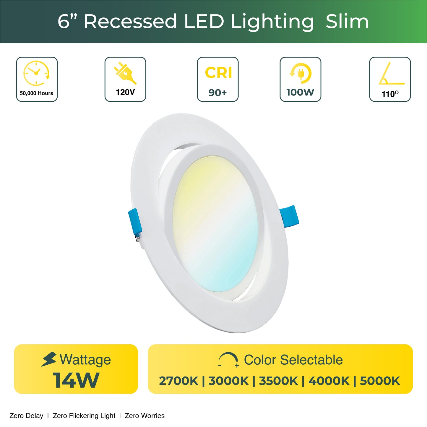 Recessed LED Lighting, 6 Inch, Slim Gimbal, Selectable CCT, 900 Lumens