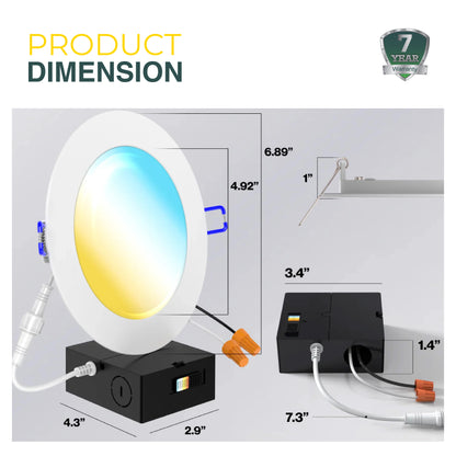 Recessed LED Lighting, 6 Inch, Slim, Wafer Thin, Selectable CCT, 1250 Lumens