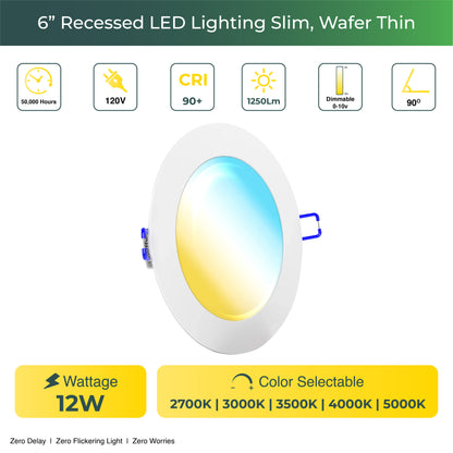 Recessed LED Lighting, 6 Inch, Slim, Wafer Thin, Selectable CCT, 1250 Lumens