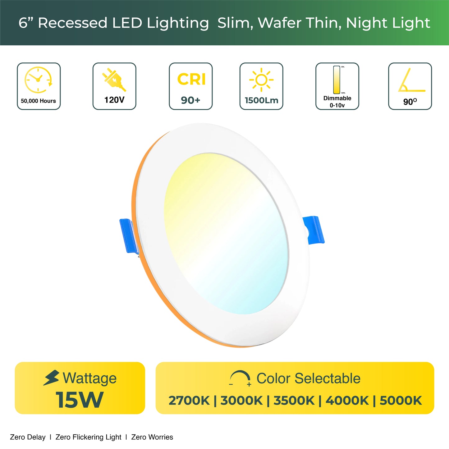 Recessed LED Lighting, 6 Inch, Slim, Wafer Thin, Night Light, Selectable CCT, 1500 Lumens