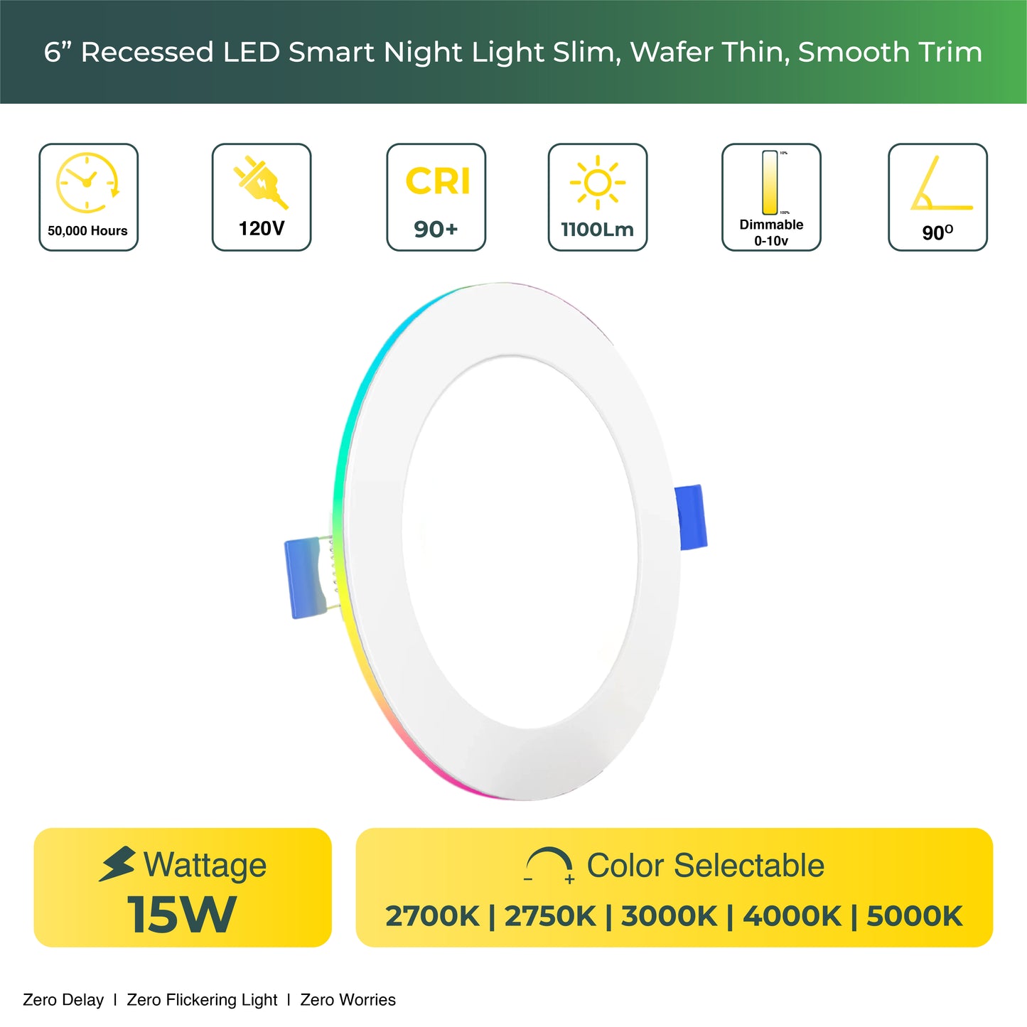 Recessed LED Lighting, 6 Inch, Smart Night Light Slim, Wafer Thin, Smooth Trim, Selectable CCT, 1100 Lumens