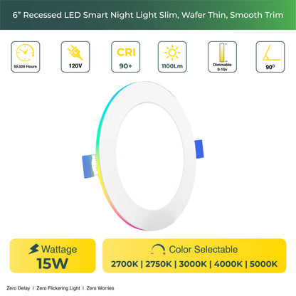 Recessed LED Lighting, 6 Inch, Smart Night Light Slim, Wafer Thin, Smooth Trim, Selectable CCT, 1100 Lumens