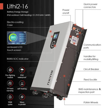 RUiXU Lithi2-16 Battery Energy Storage IP65 outdoor | Self-Heating | 51.2V / 314Ah / 16kWh Capacity