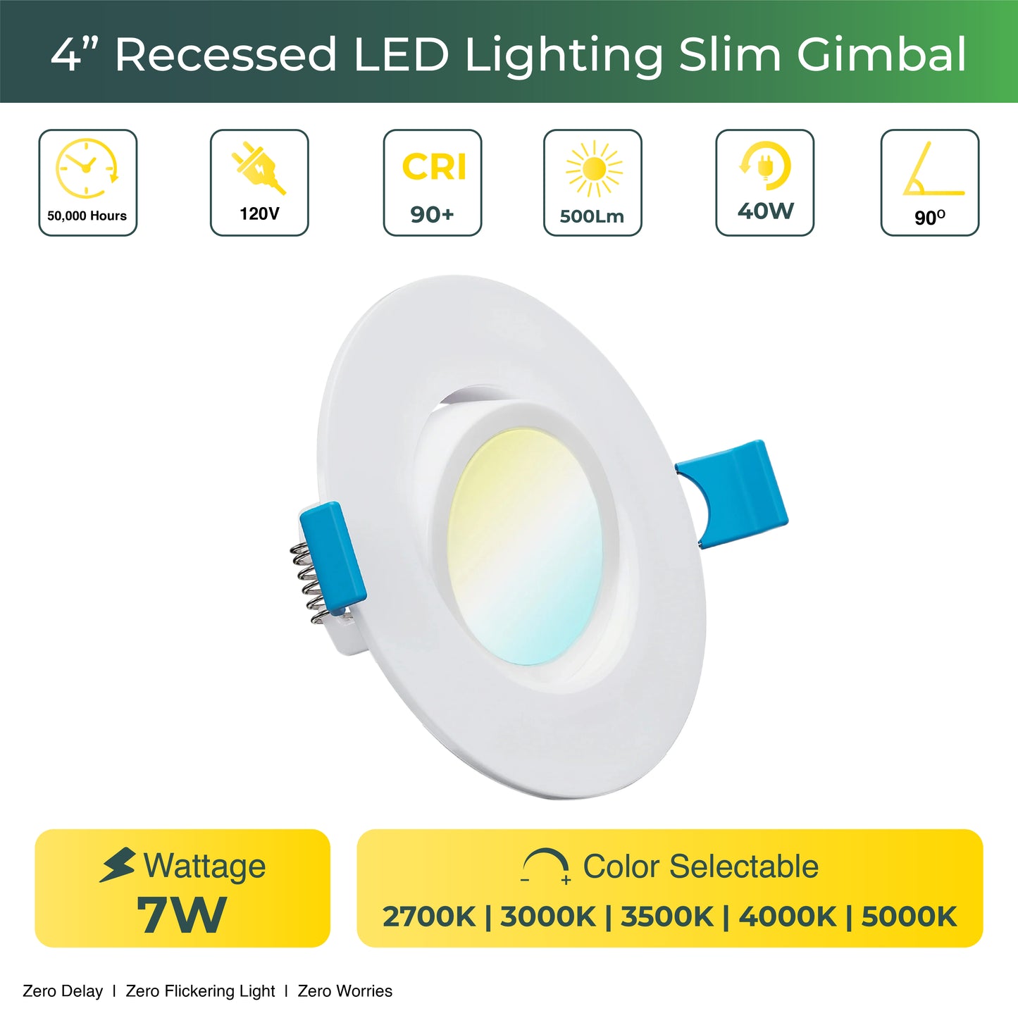 Recessed LED Lighting, 4 Inch, Slim Gimbal, Selectable CCT, 750 Lumens