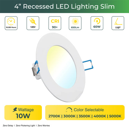 Recessed LED Lighting, 4 Inch, Slim, Selectable CCT, 650 Lumens