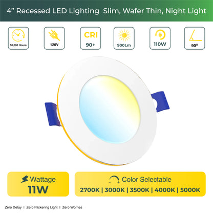 Recessed LED Lighting, 4 Inch, Slim, Wafer Thin, Night Light, Selectable CCT (2700K-5000K), 900 Lumens