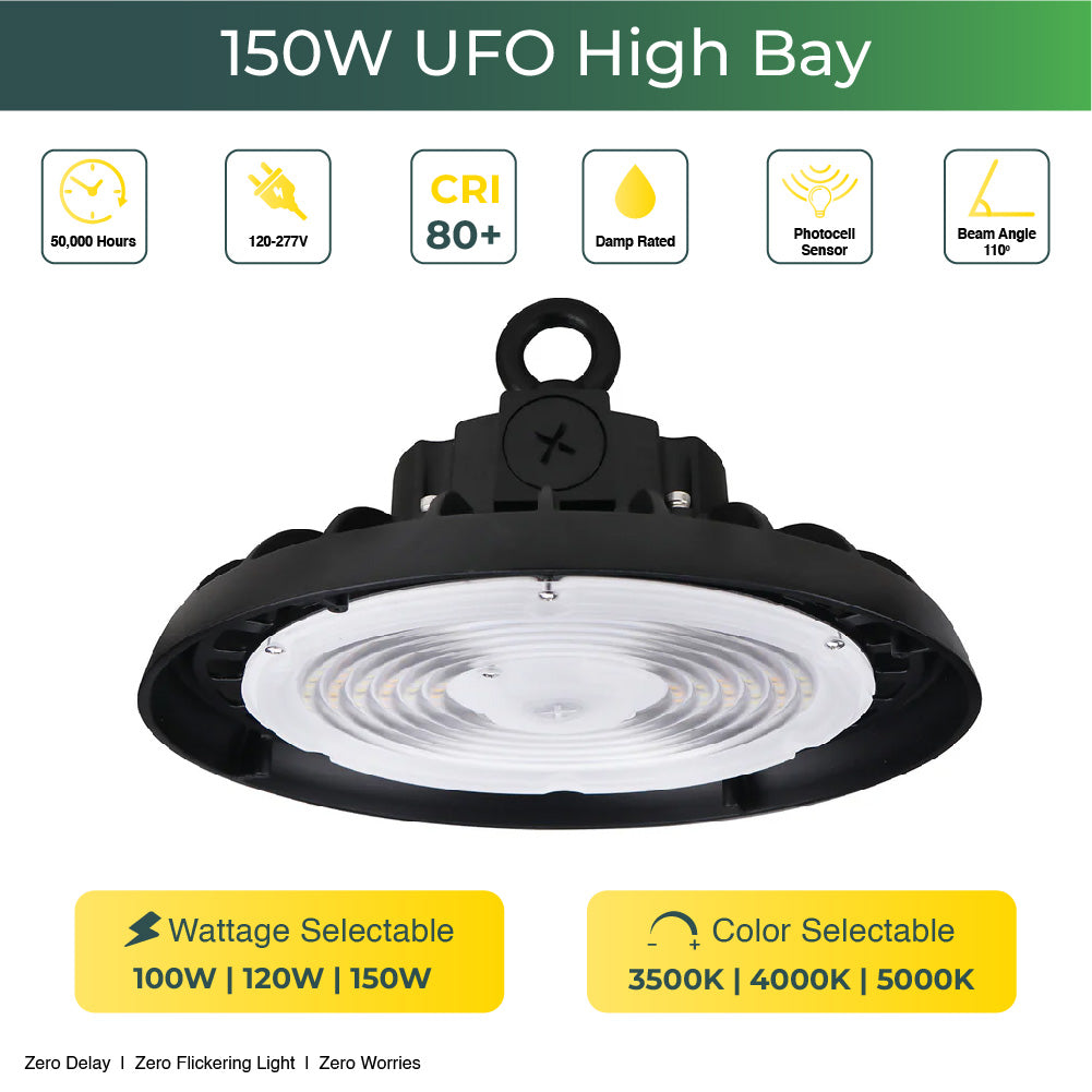 150w UFO LED High Bay 23300 Lumens, Adjustable Wattage & Selectable CCT 3500K-5000K