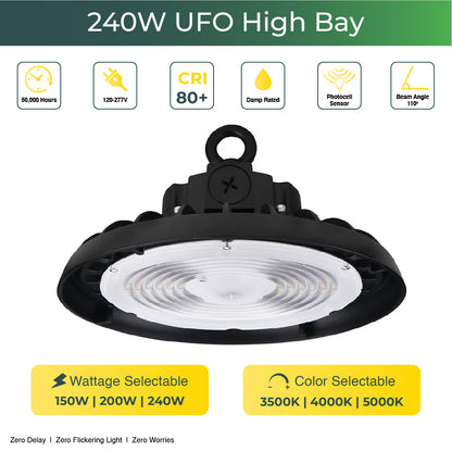 240w UFO LED High Bay 37200 Lumens, Adjustable Wattage & Selectable CCT 3500K-5000K